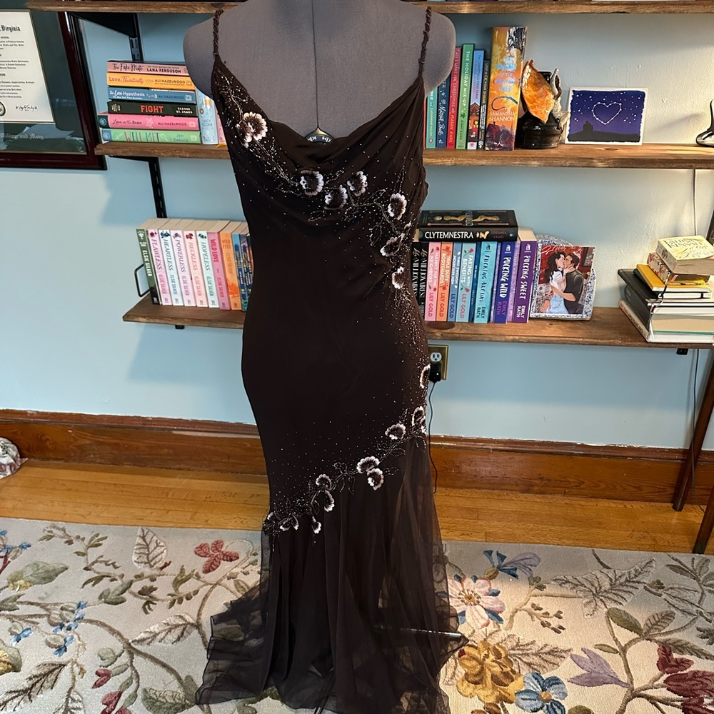 Brown and pink floral silk XSCAPE gown